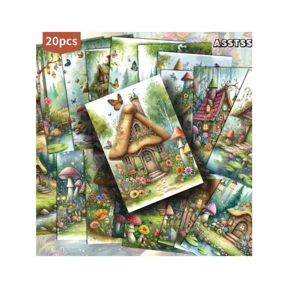 NWT 20pc Retro Whimsical Fairy Cottage Mushroom House Paper Cards Junk Journal